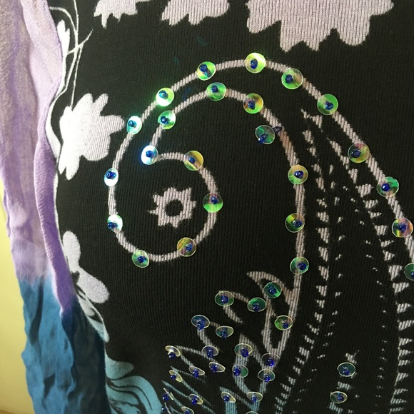 Papa blue purple black paisley sequins long sheer sleeves tee Size L - Picture 2 of 8